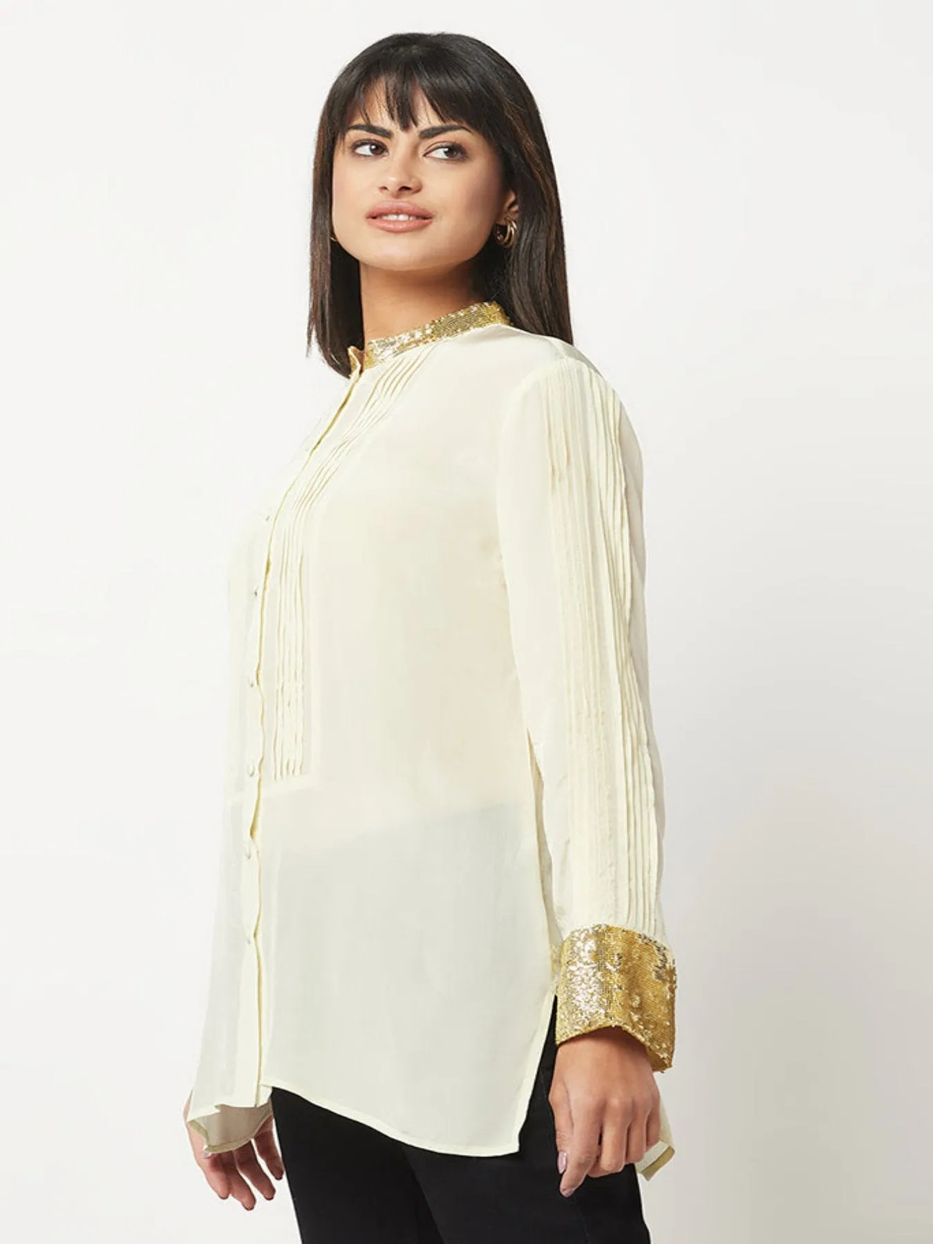 Green Embellished Silk Shirt