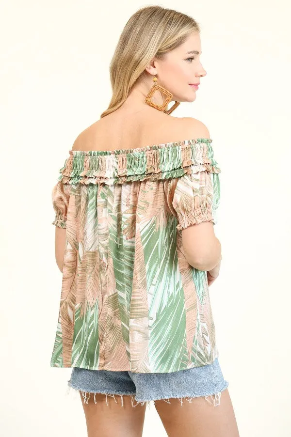 Green Palm Ruffle Off Shoulder Puff Sleeve Top