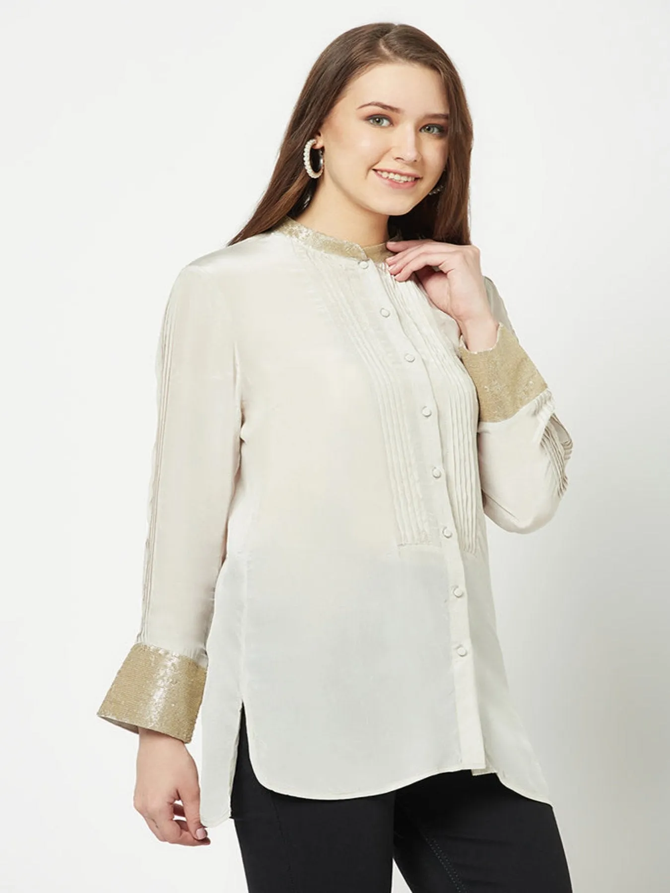 Grey Embellished Silk Shirt