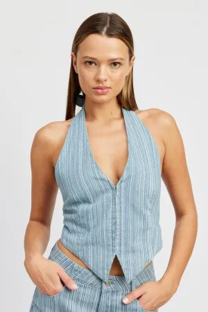 Halter Denim Top with Back Tie