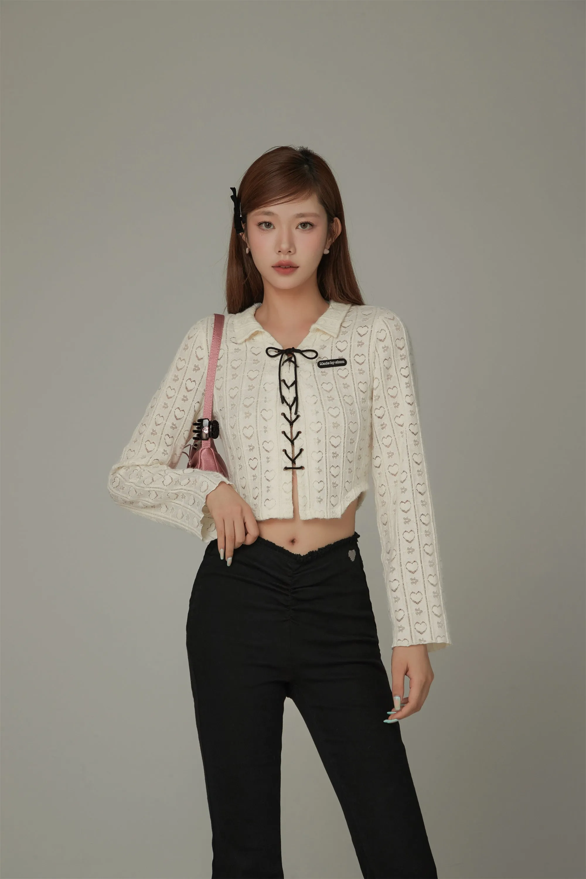 Heart Pattern Bow Lace Up Crop Blouse