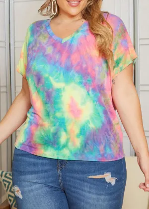 Hi Curvy Plus Size Women Rainbow Tie Dye V-Neck T-Shirts