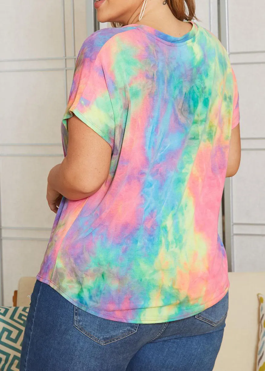 Hi Curvy Plus Size Women Rainbow Tie Dye V-Neck T-Shirts