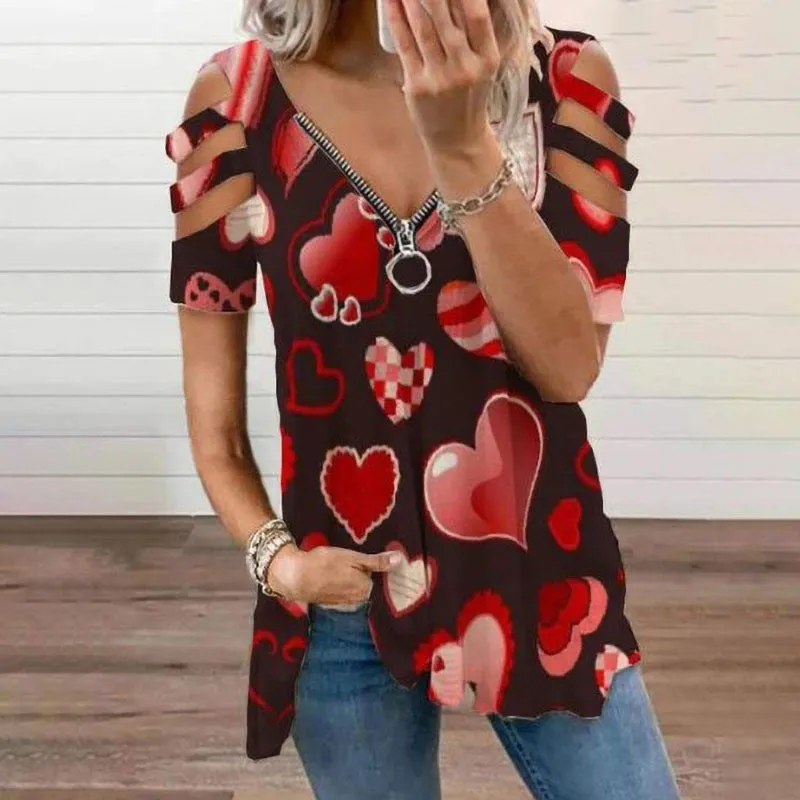 Hollow Print Zipper V-Neckline Tops T Shirt Wholesale