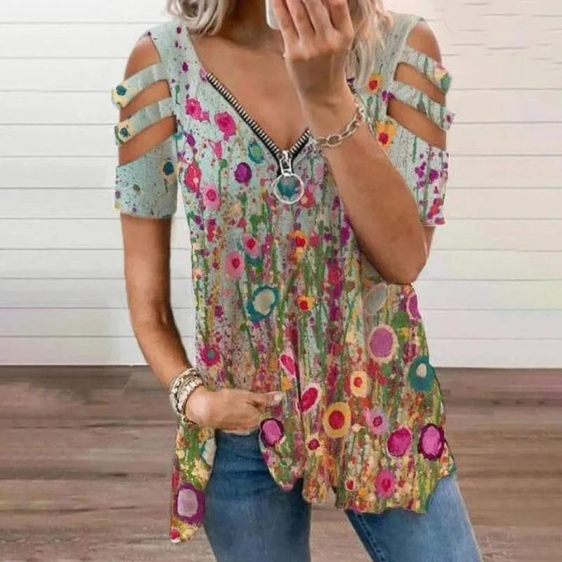 Hollow Print Zipper V-Neckline Tops T Shirt Wholesale