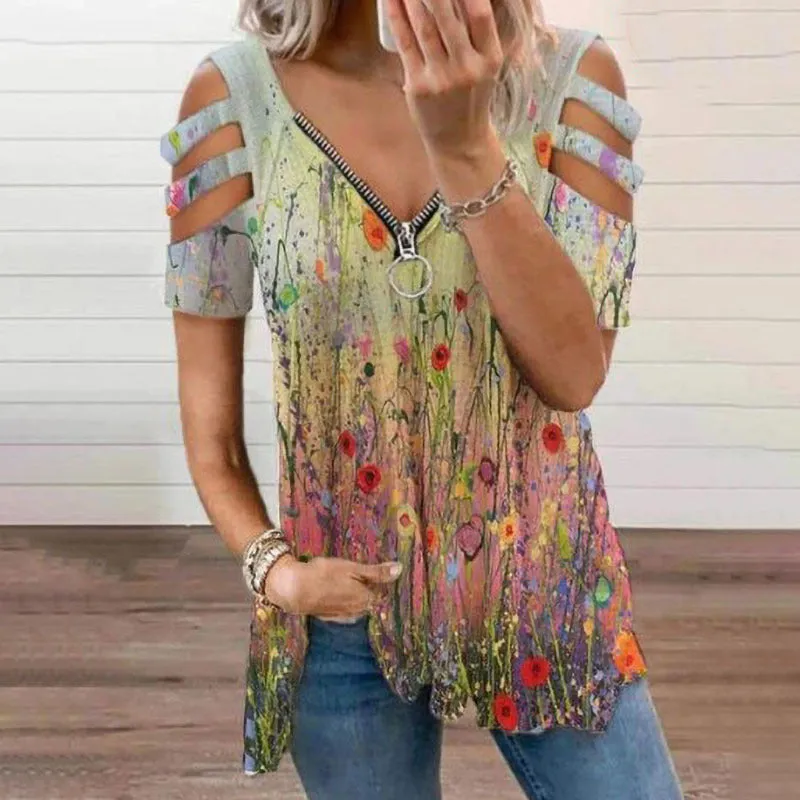 Hollow Print Zipper V-Neckline Tops T Shirt Wholesale