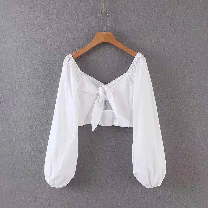 Hollow Puff Sleeve Bowknot Blouse Shirt