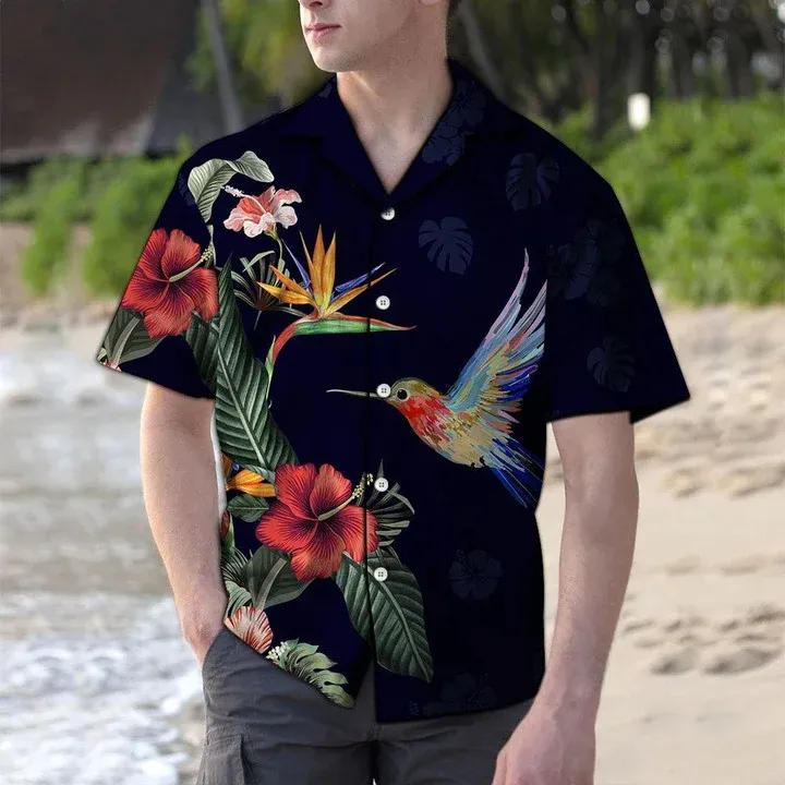 Hummingbird Hawaiian shirt, Vivid Tropical Red Flower And Hummingbird Pattern Hawaiian Shirt