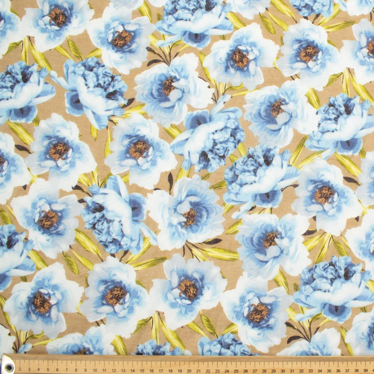 Japanese Pure Cotton Lawn Prints Design-203 Large Blue Flowers on Latte