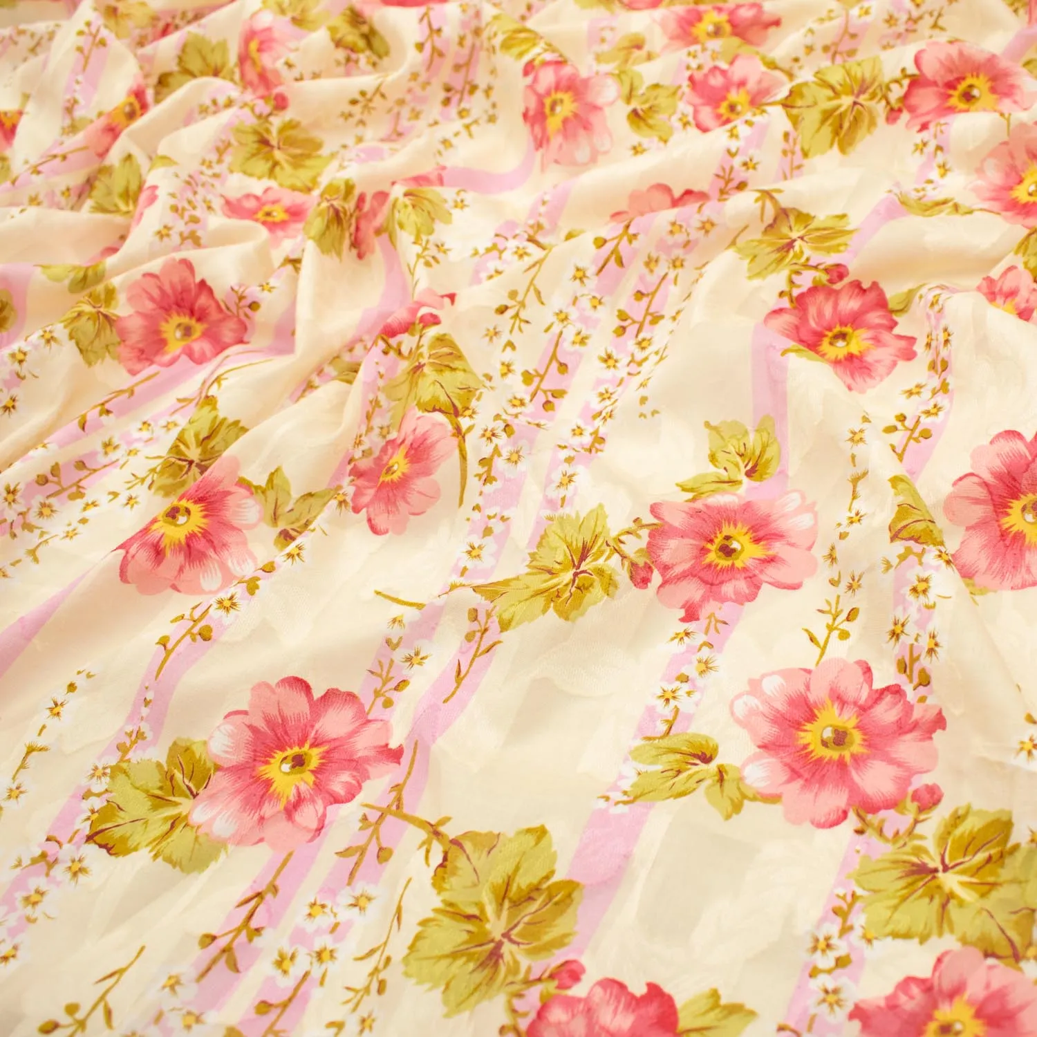 Japanese Pure Cotton Lawn Prints Design-215 Red Flowers & Pink Stripes on Cream