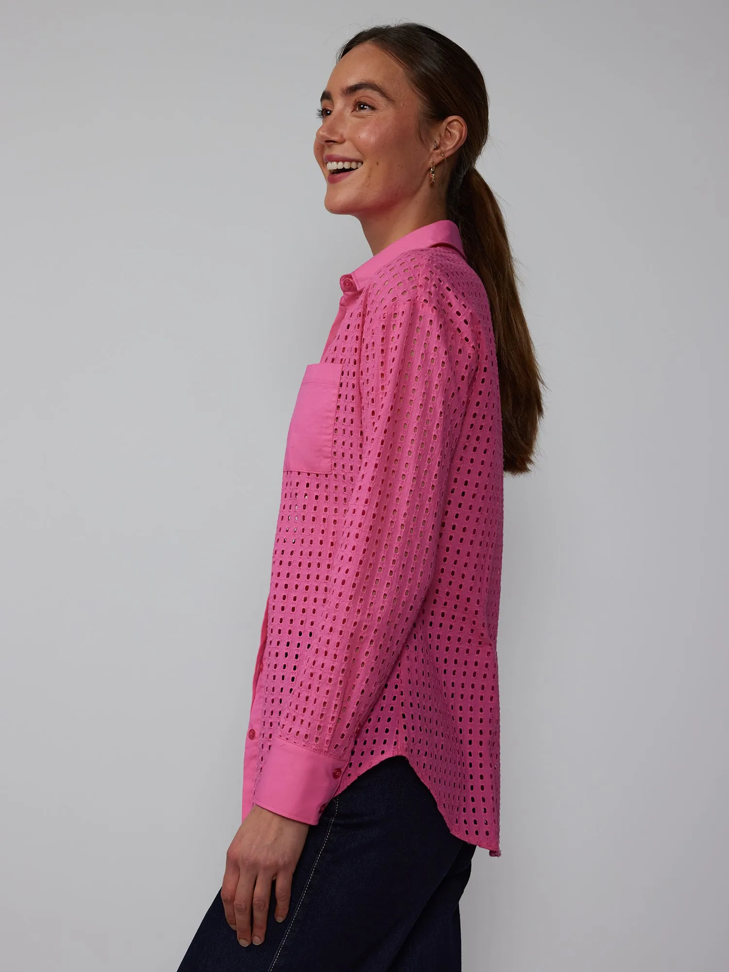 Long Sleeve Perforated Eyelet Shirt