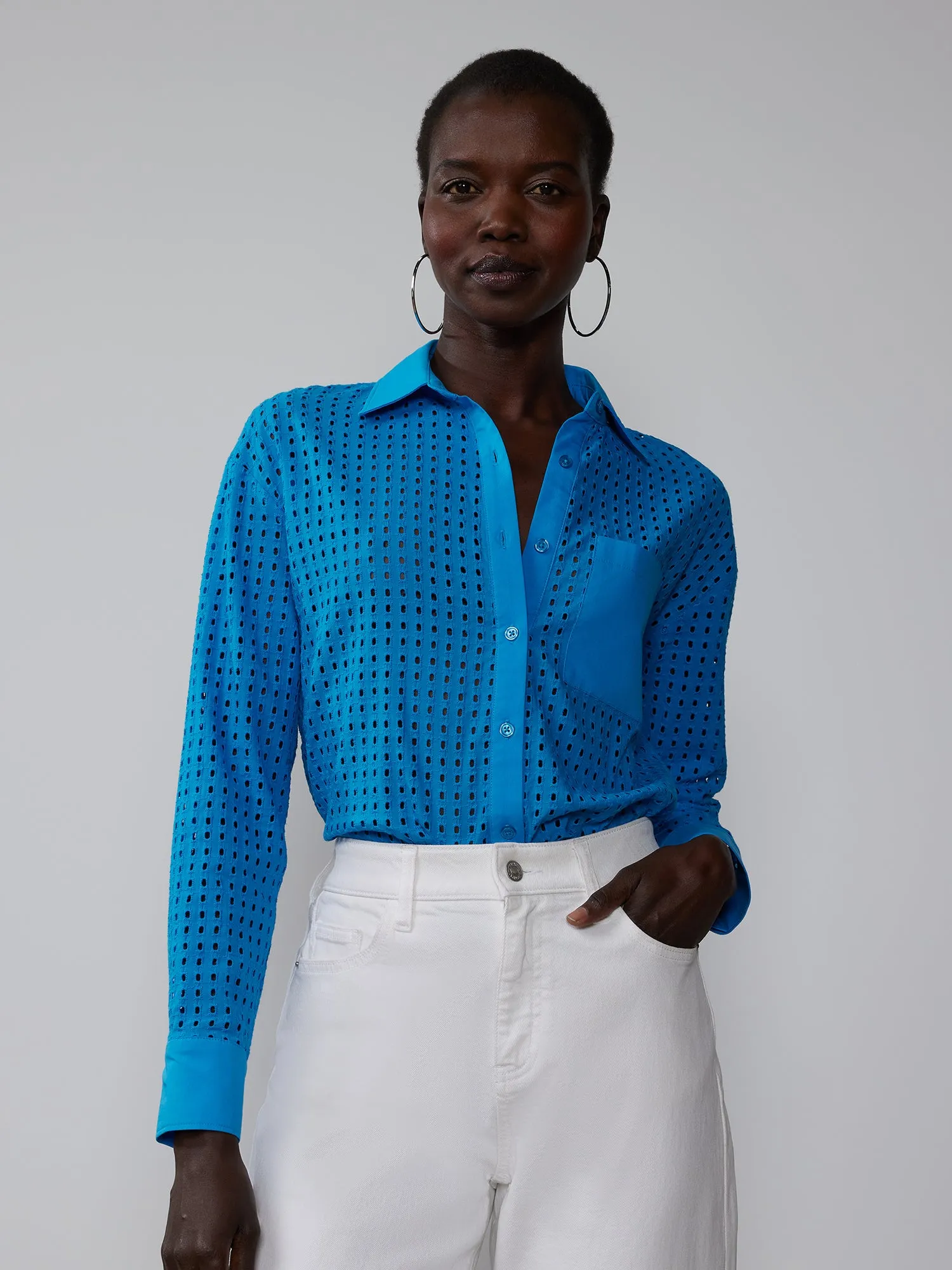 Long Sleeve Perforated Eyelet Shirt