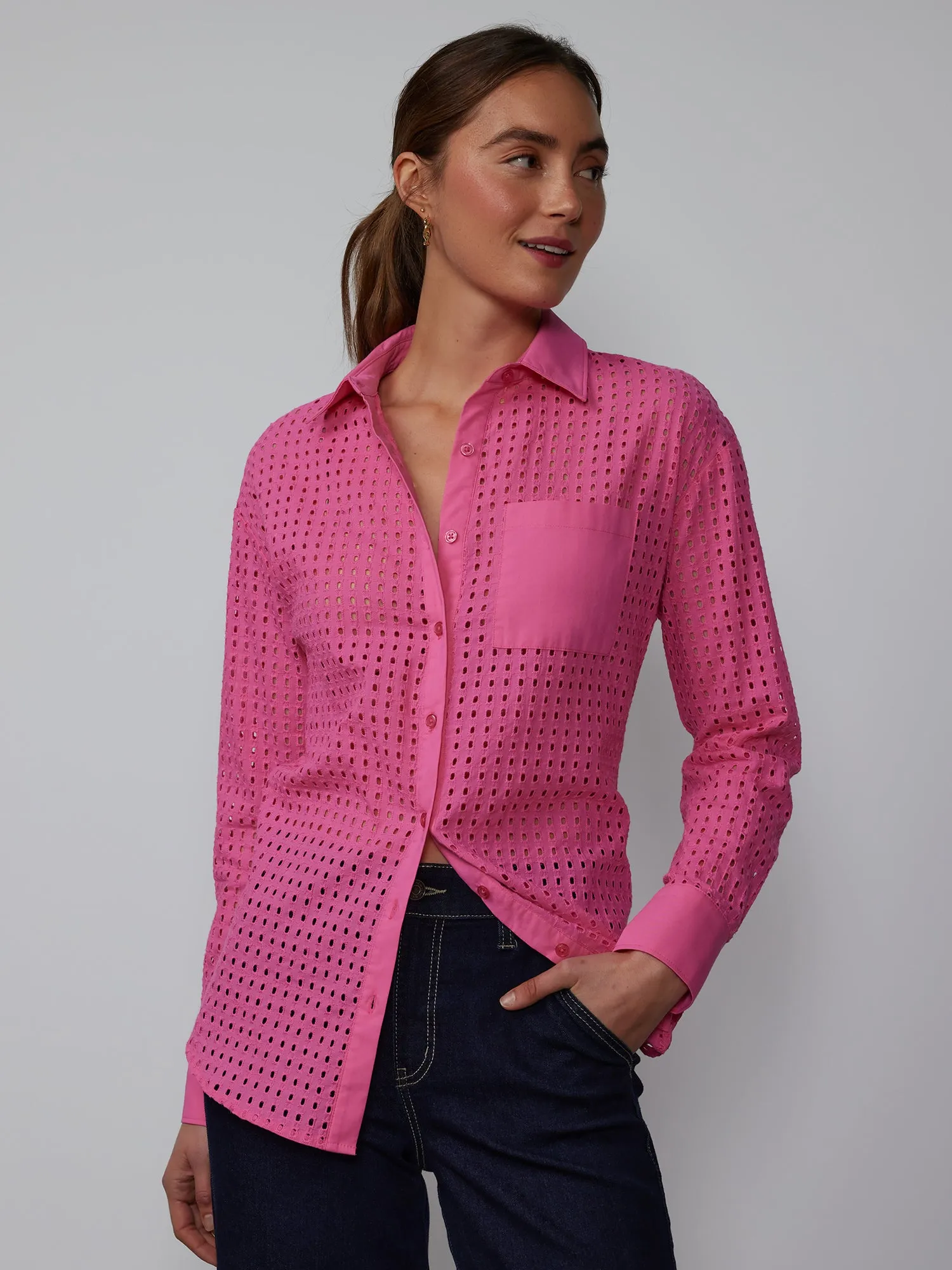 Long Sleeve Perforated Eyelet Shirt