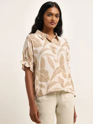 LOV Beige Leaf Printed Crinkled Shirt