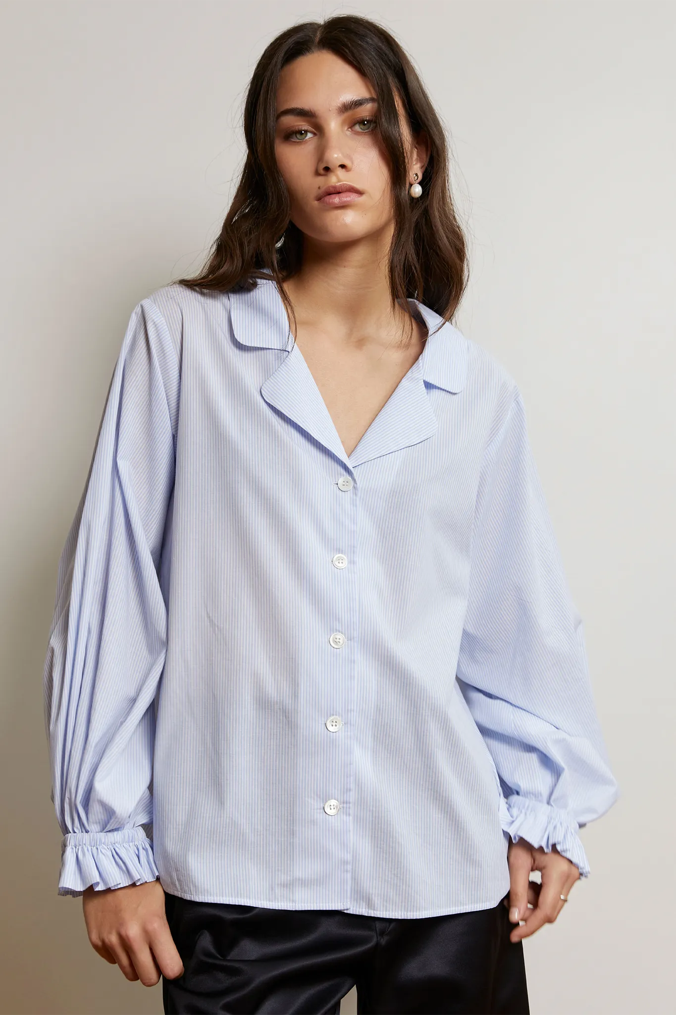 Luna Blouse | Cotton Stripe | Baby Blue   White