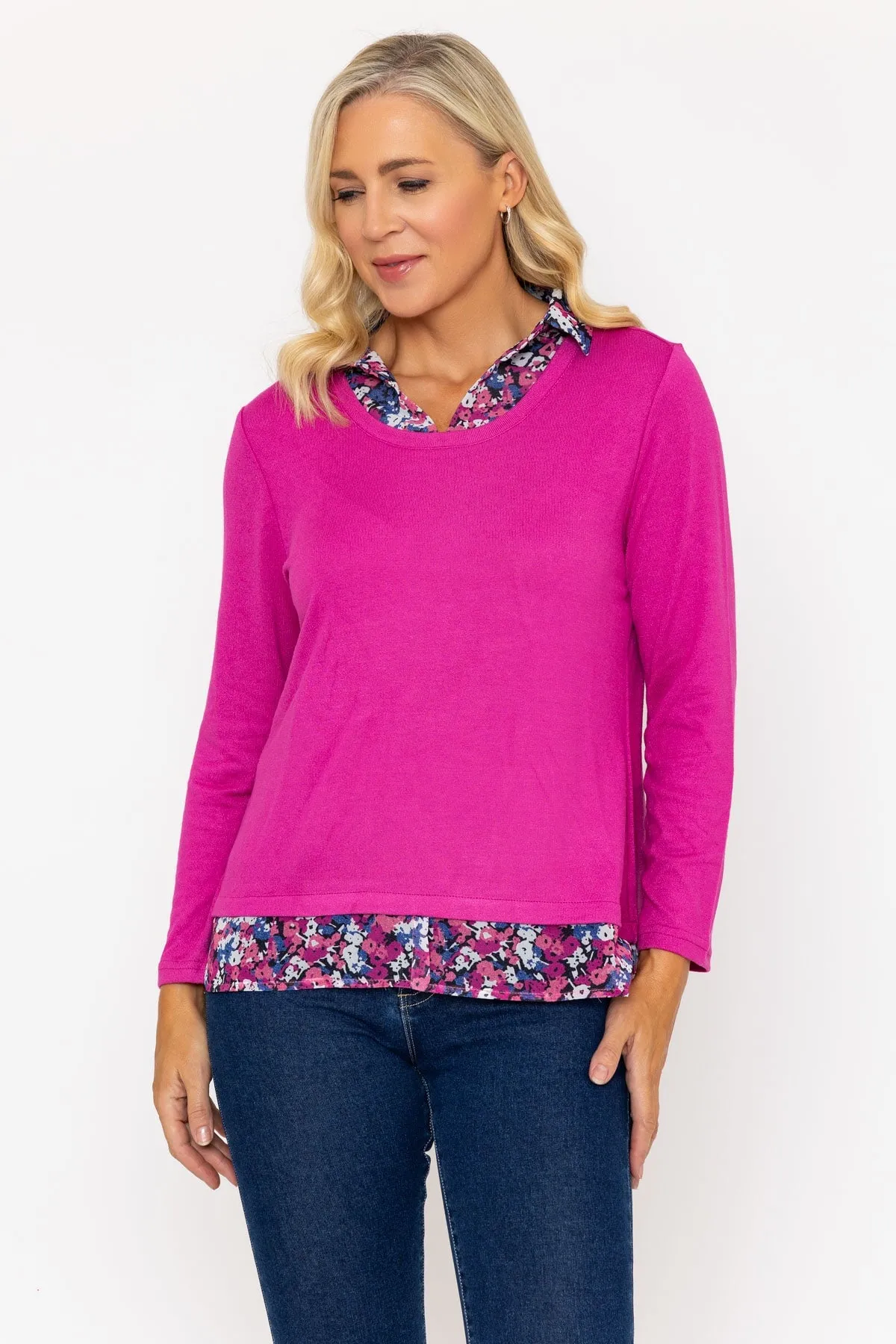 Magenta Pink Top With Print Collar & Hem