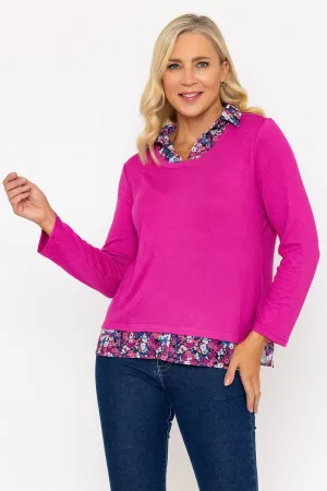 Magenta Pink Top With Print Collar & Hem