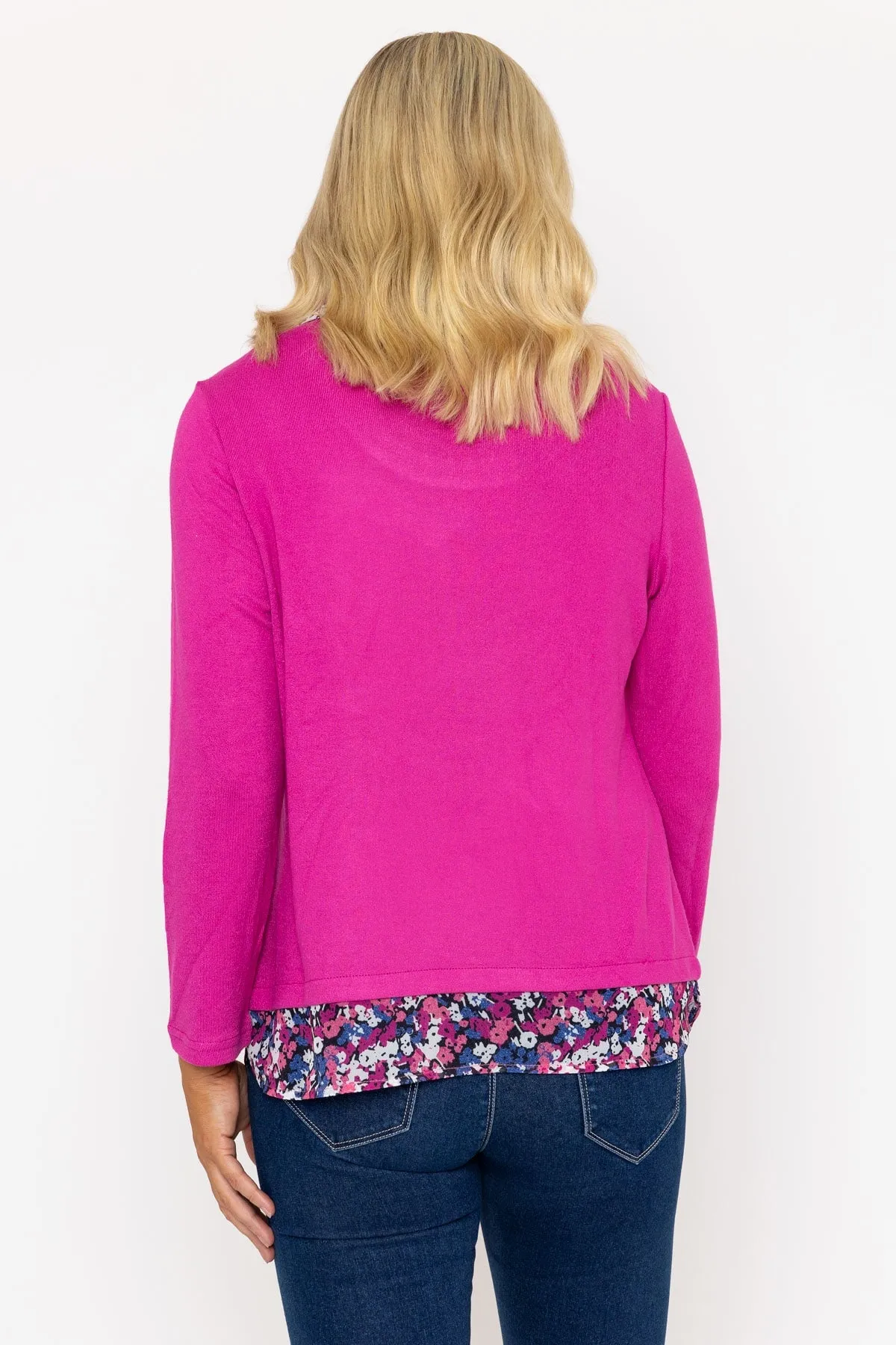 Magenta Pink Top With Print Collar & Hem