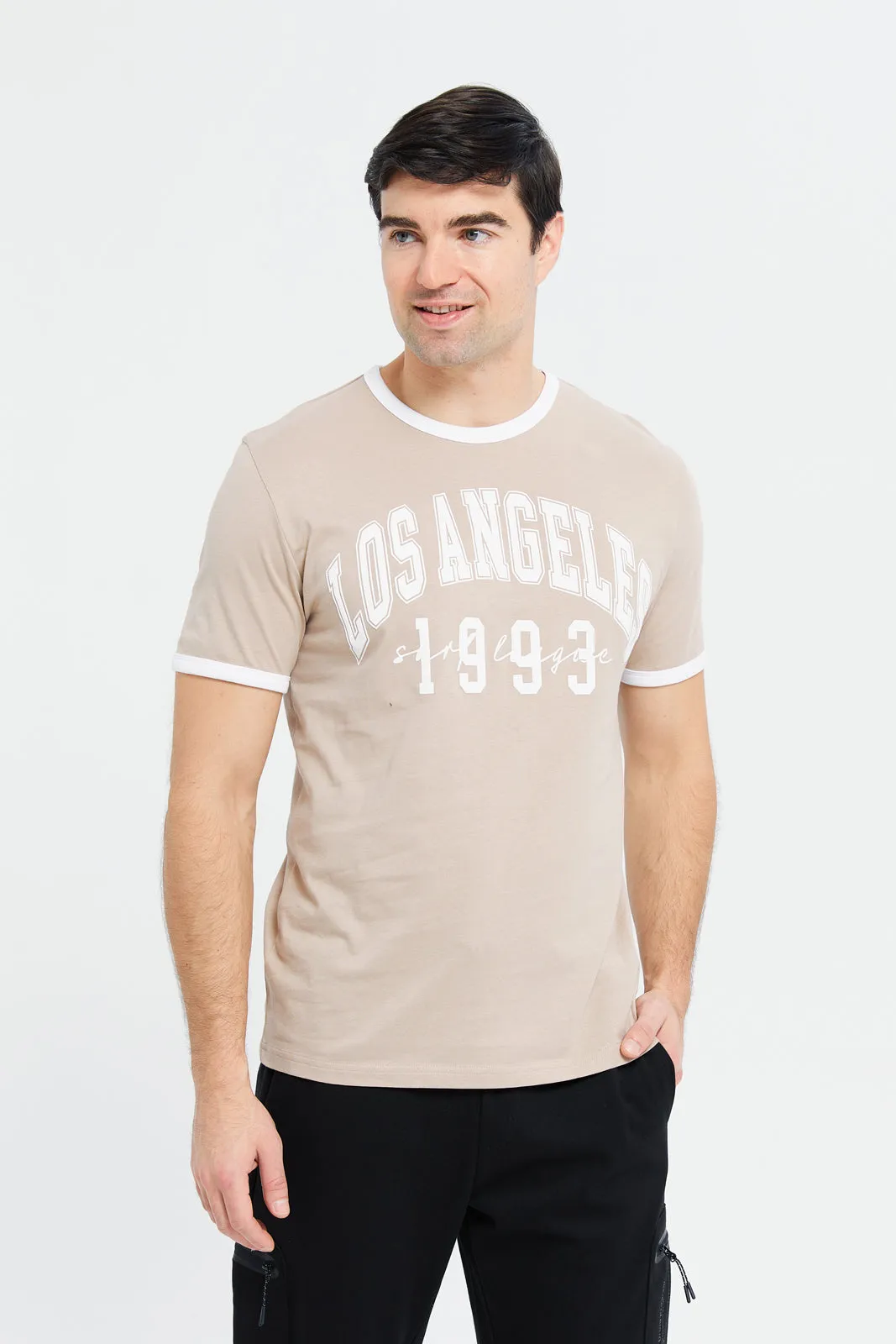 Men Beige Ringer Print T-Shirt