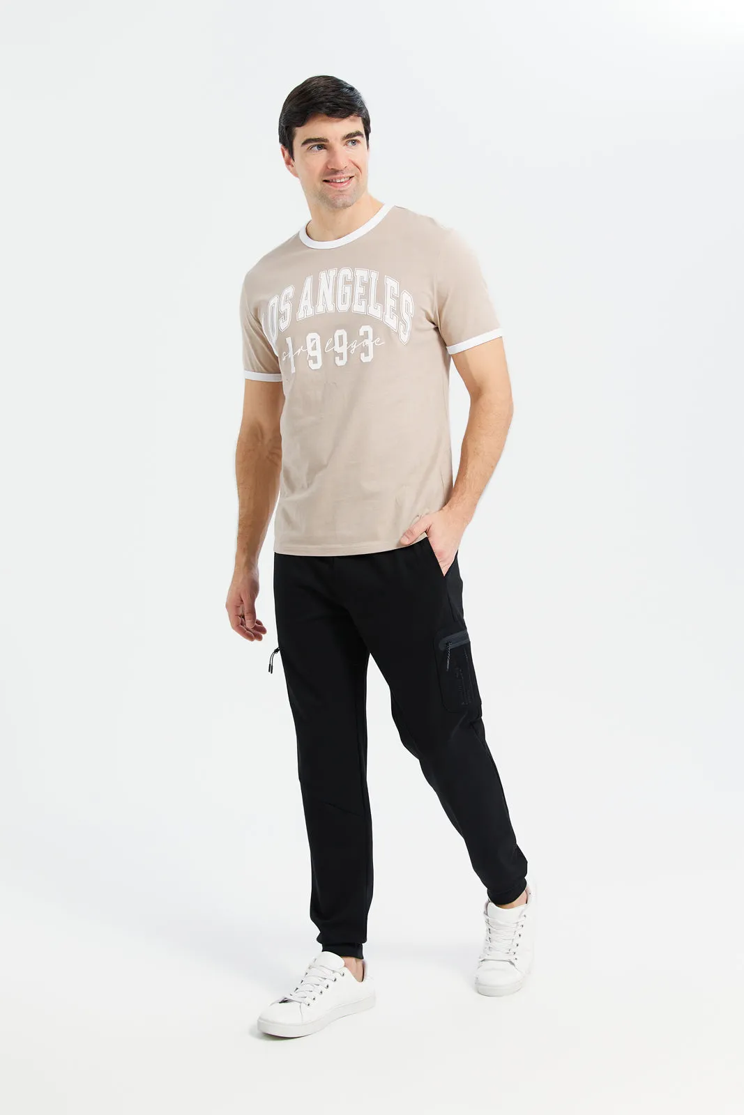 Men Beige Ringer Print T-Shirt