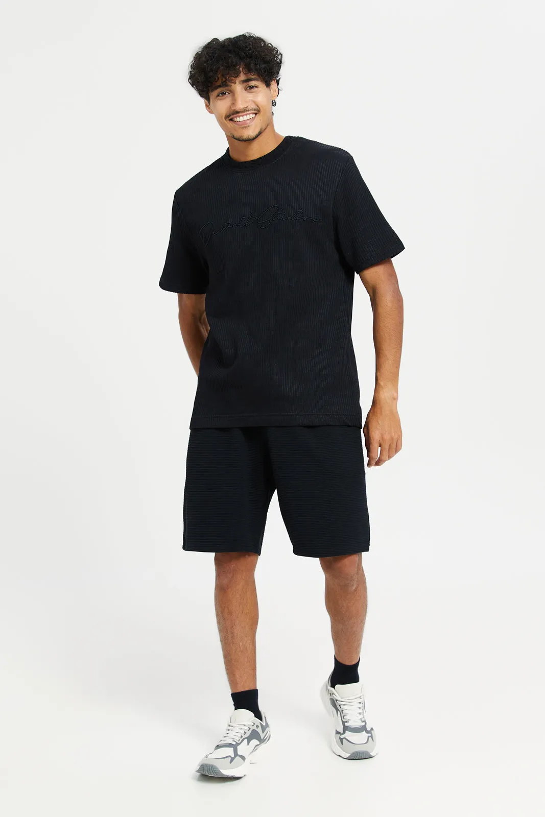 Men Black Jacquard Short Sleeve T-Shirt