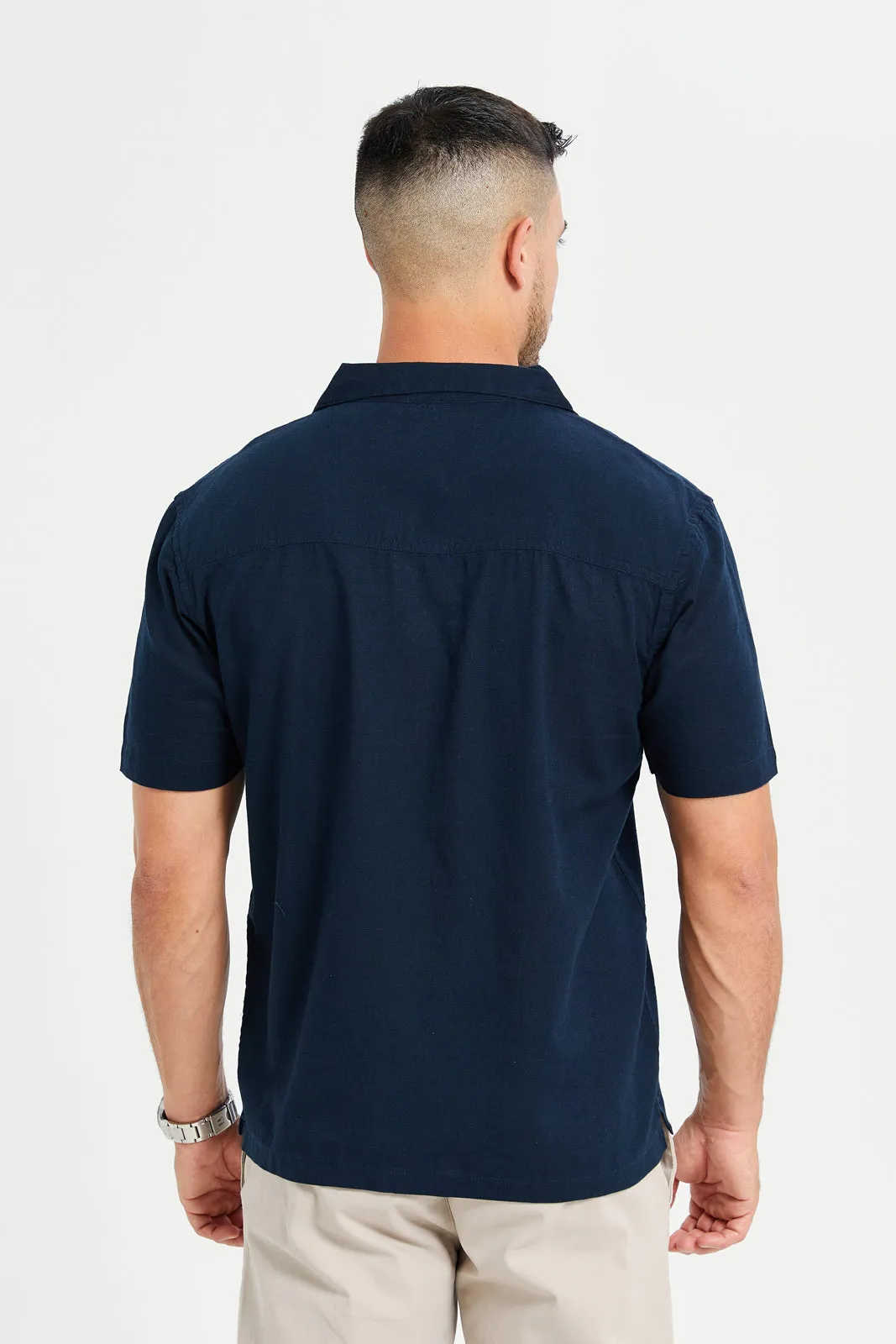 Men Navy Linen Blend Field Shirt