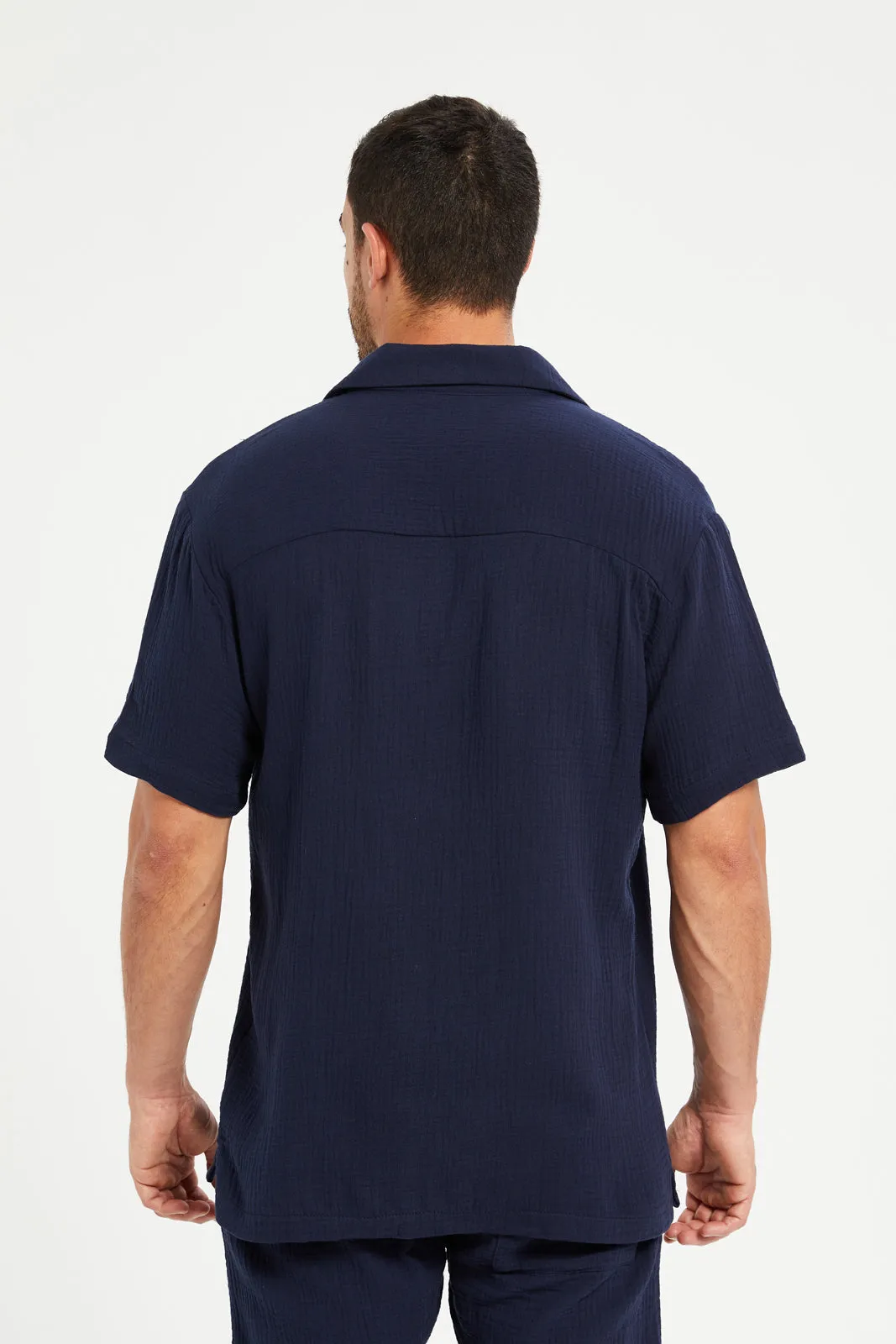 Men Navy Resort Collar Shirt