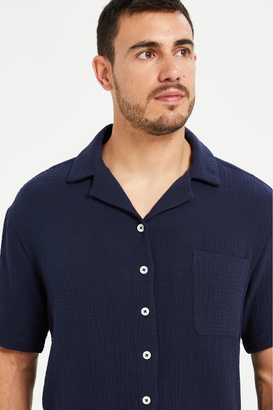 Men Navy Resort Collar Shirt