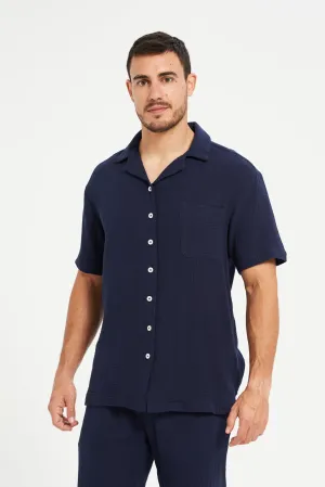 Men Navy Resort Collar Shirt