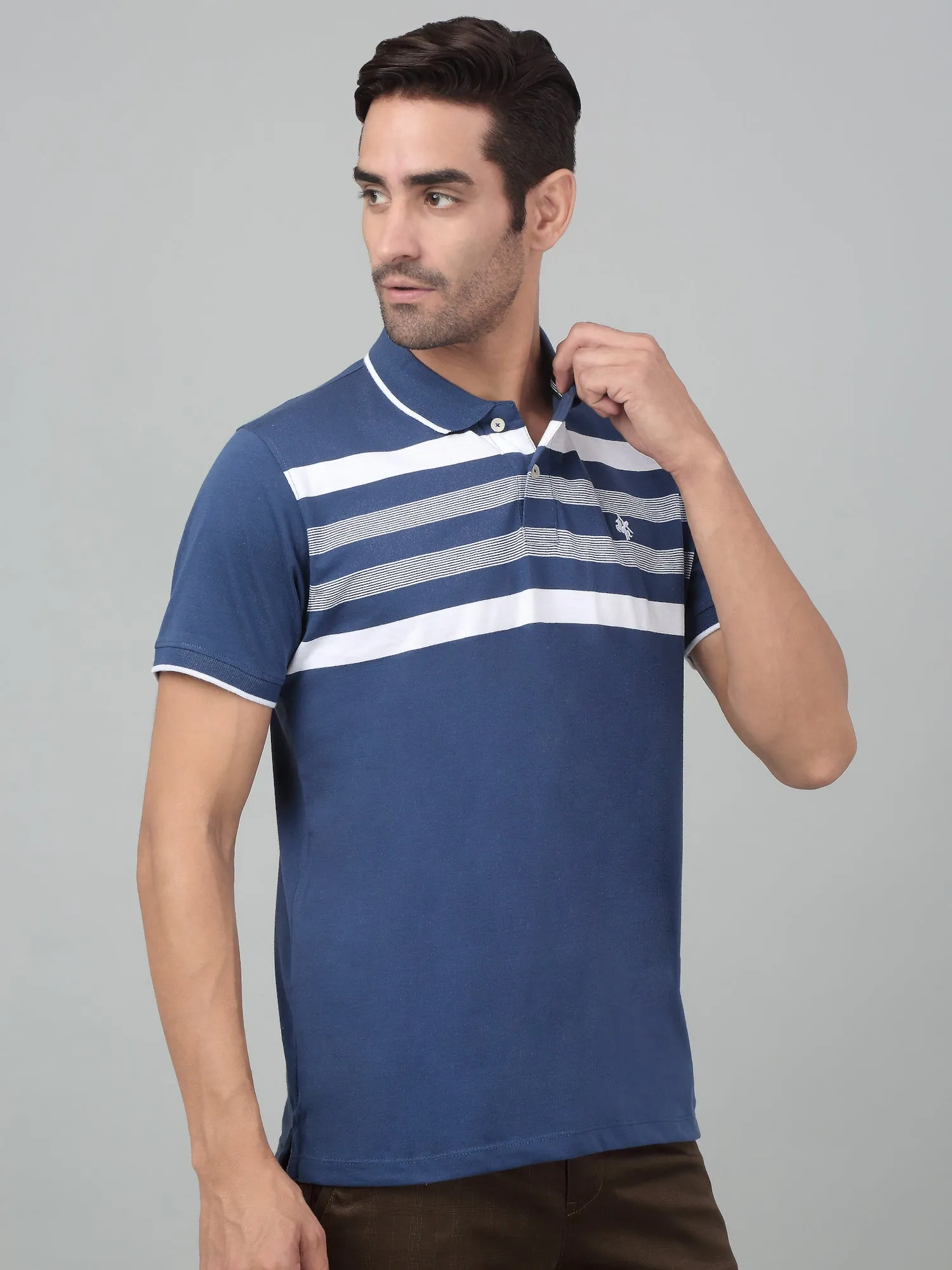 Men's Airforce Blue Stripe Polo neck Half Sleeve T-Shirt