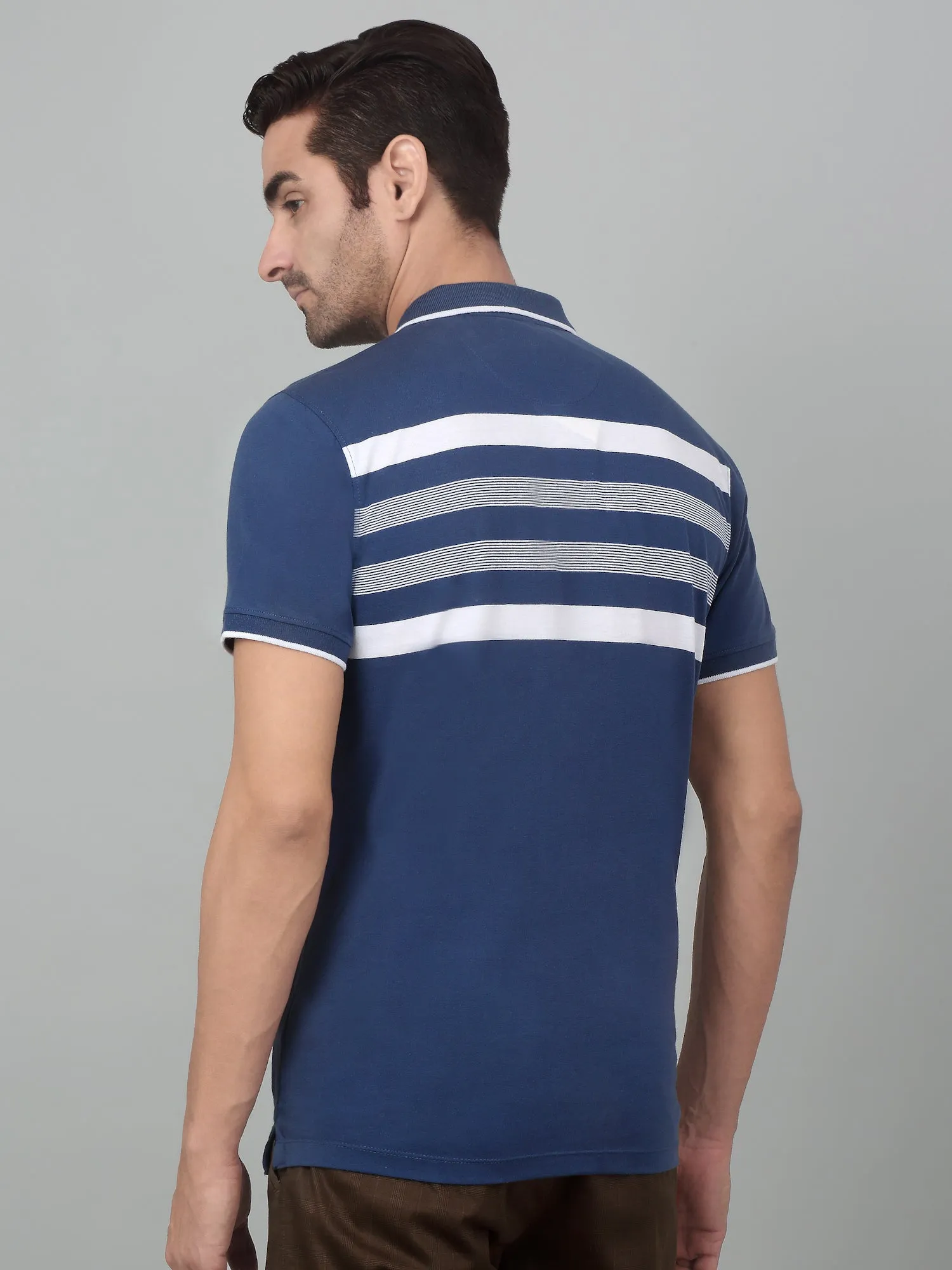 Men's Airforce Blue Stripe Polo neck Half Sleeve T-Shirt