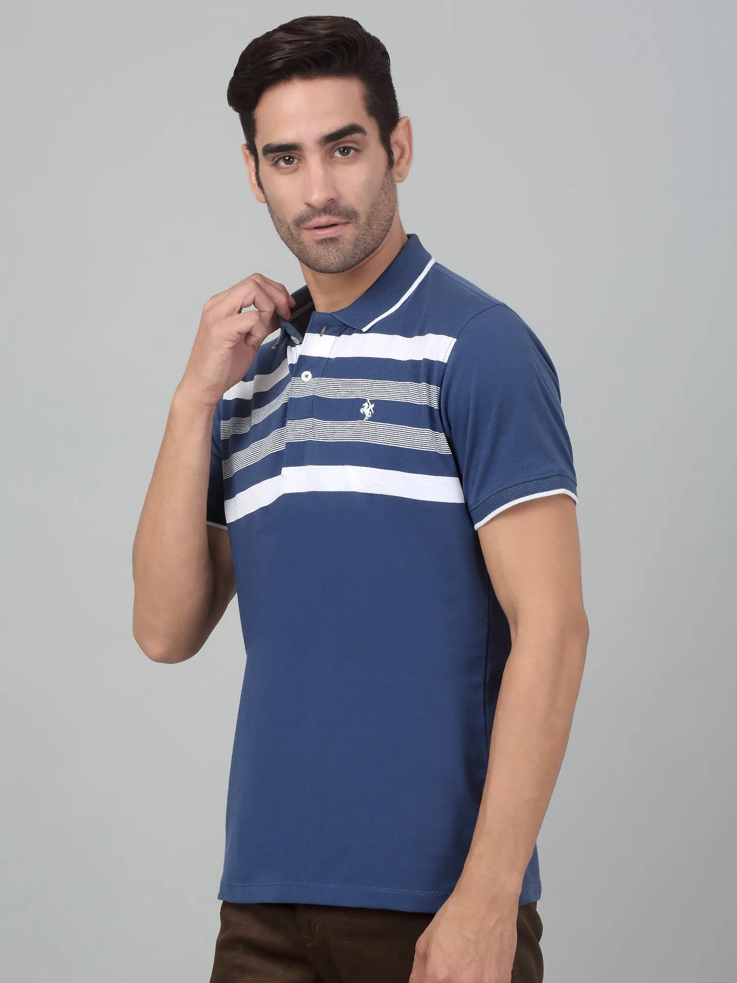 Men's Airforce Blue Stripe Polo neck Half Sleeve T-Shirt