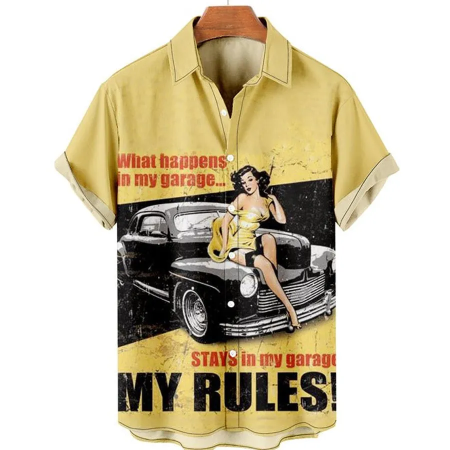 Men's All Over Letter Poster Print Street Short Sleeve Shirts, Hawaiian shirt vintage, Hawaii shirts mens