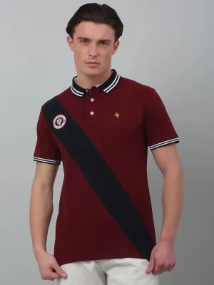 Men's Maroon  Polo neck Half Sleeve T-Shirt with Diagonal color block at front