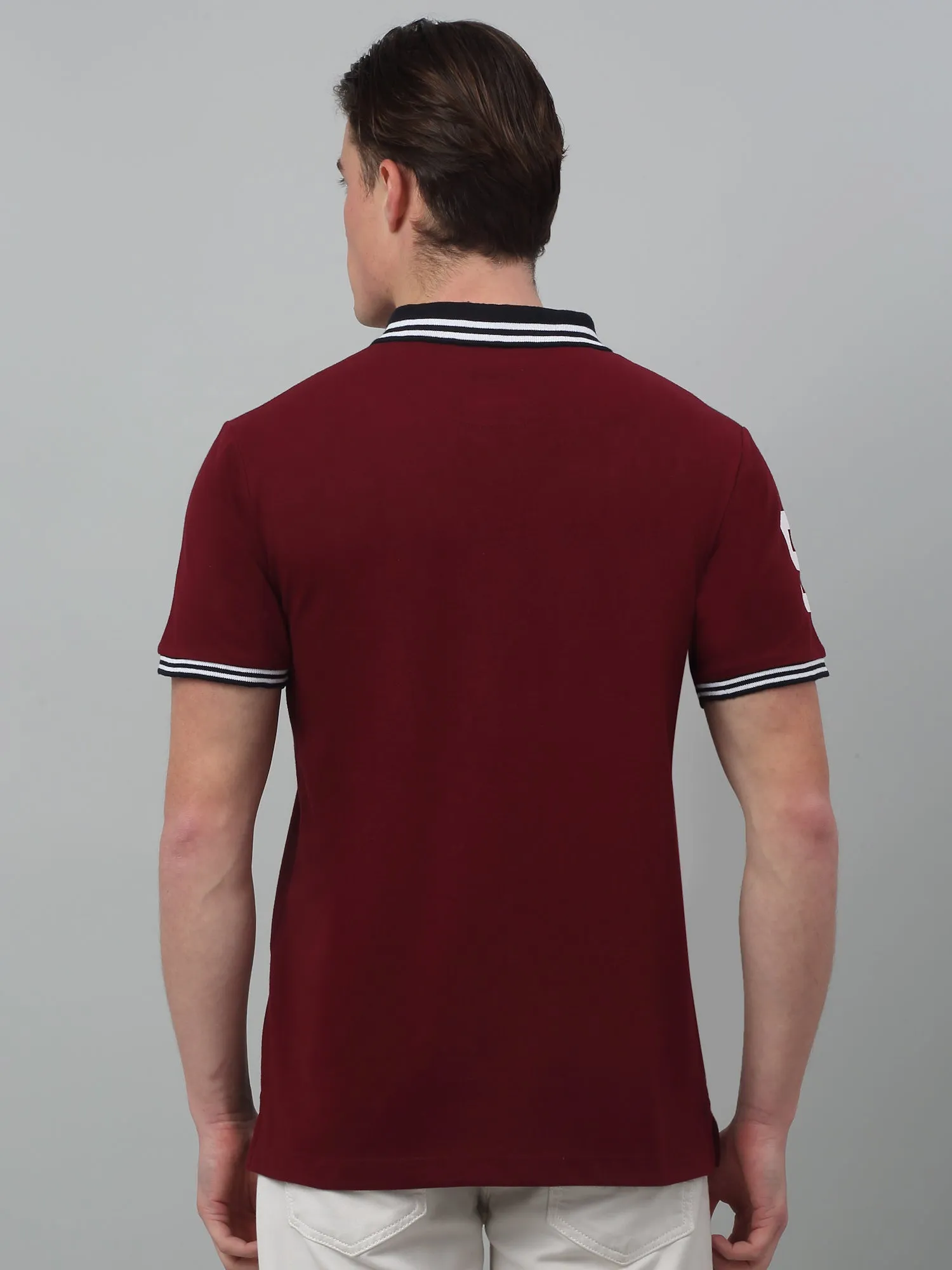 Men's Maroon  Polo neck Half Sleeve T-Shirt with Diagonal color block at front