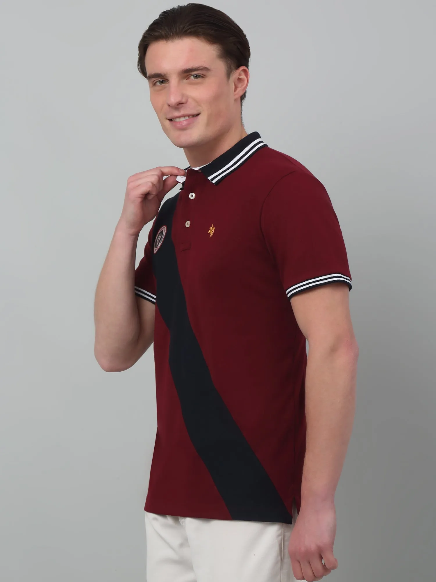 Men's Maroon  Polo neck Half Sleeve T-Shirt with Diagonal color block at front