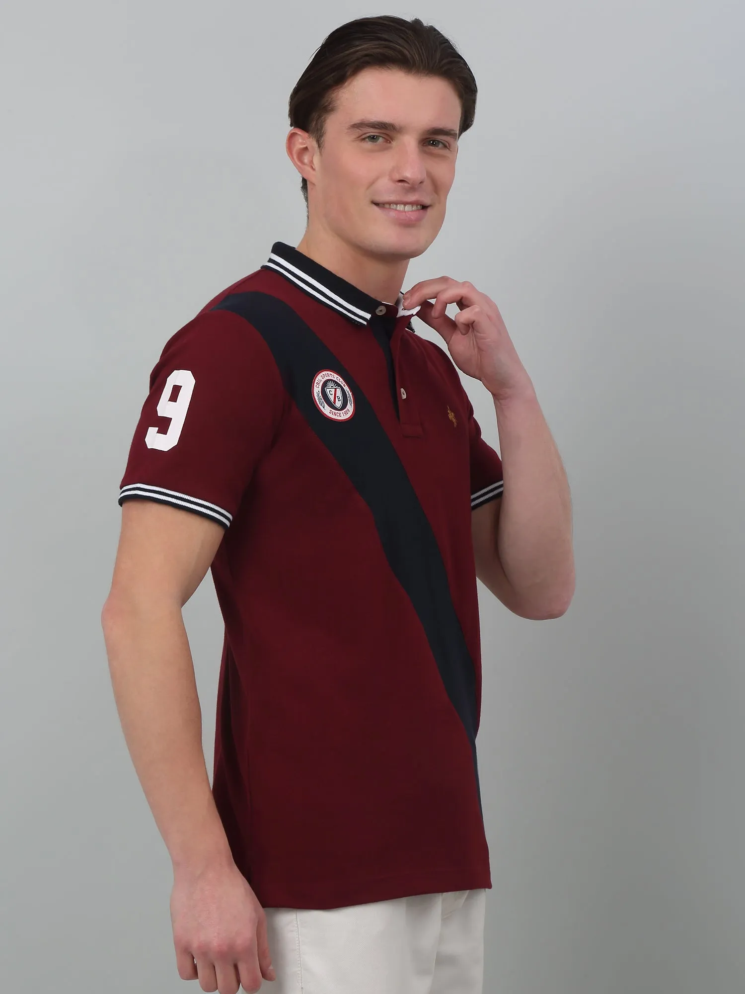 Men's Maroon  Polo neck Half Sleeve T-Shirt with Diagonal color block at front