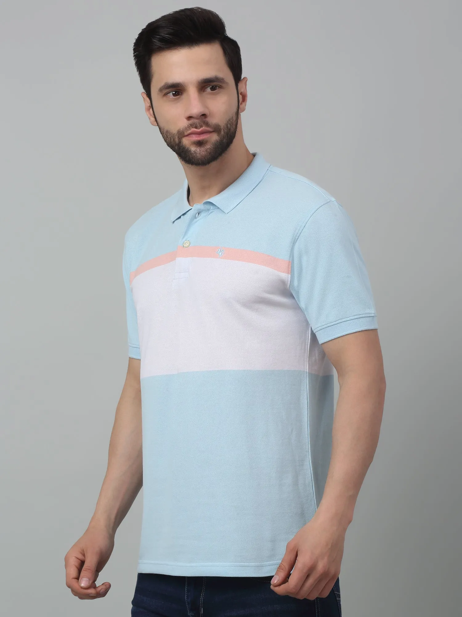 Men's Sky Blue Color block Stripe Polo neck Half Sleeve T-Shirt