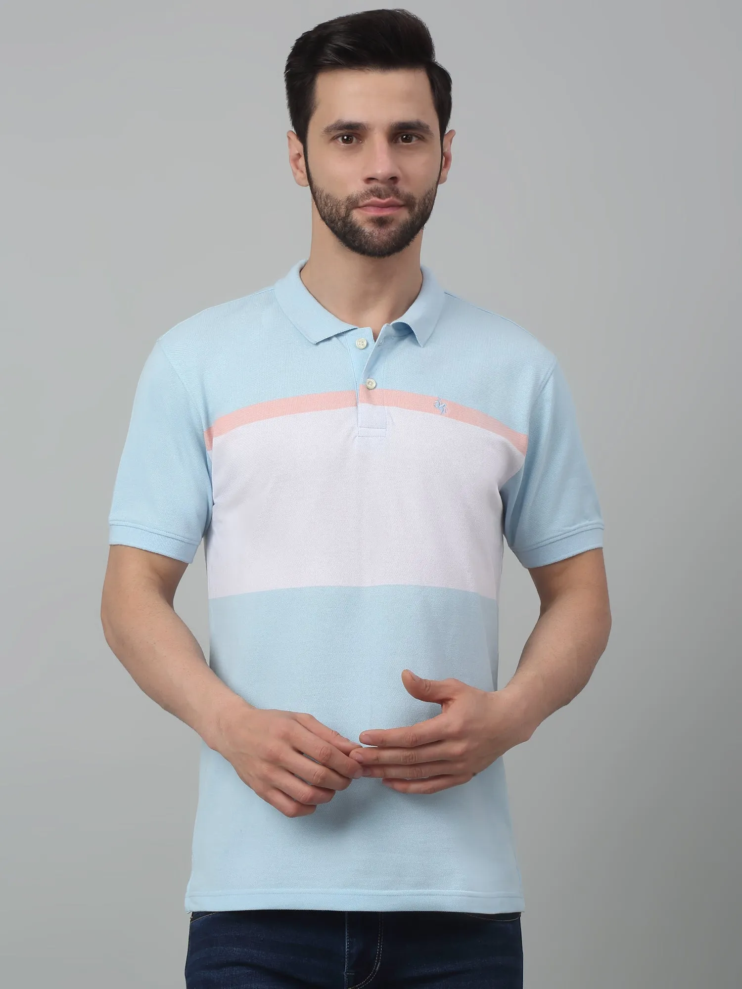 Men's Sky Blue Color block Stripe Polo neck Half Sleeve T-Shirt