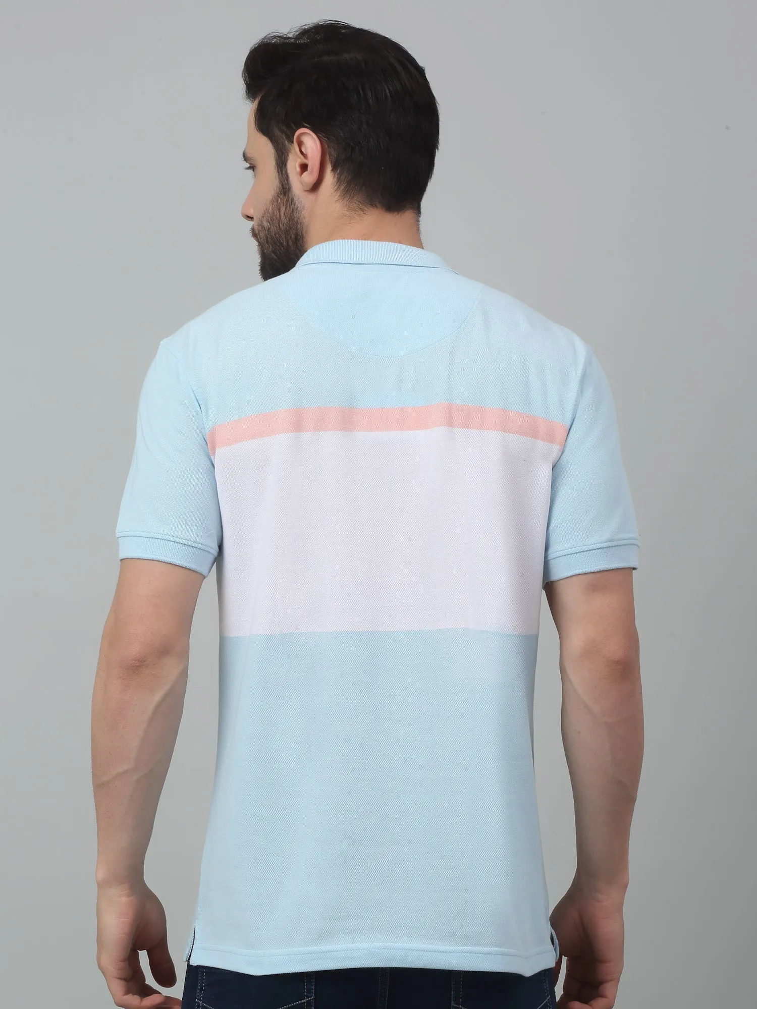 Men's Sky Blue Color block Stripe Polo neck Half Sleeve T-Shirt