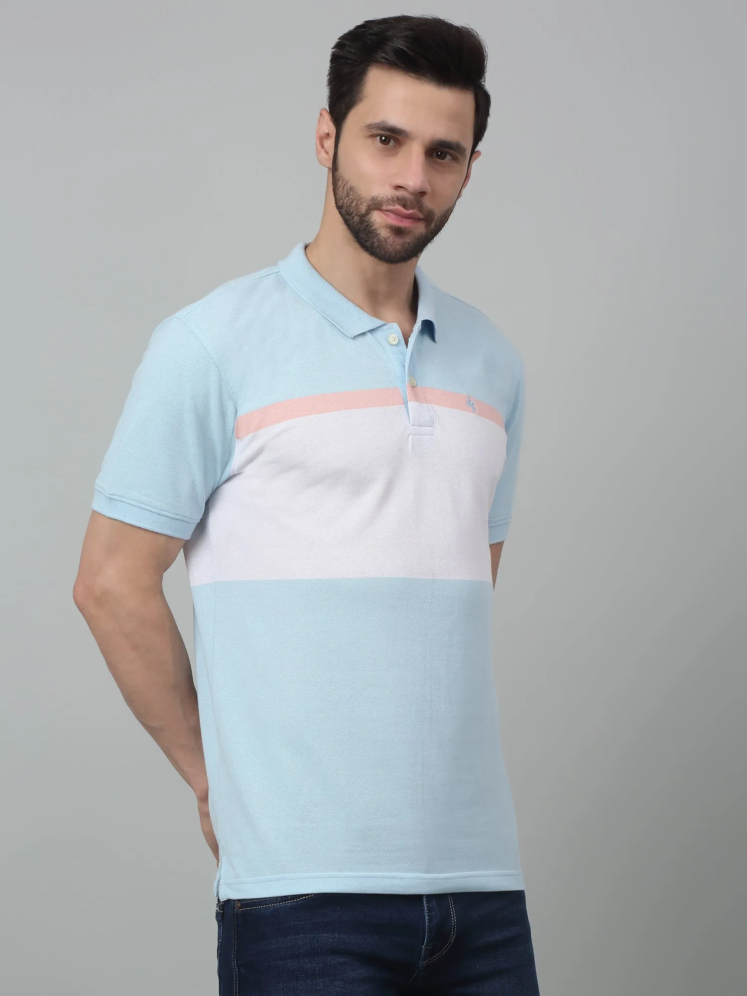 Men's Sky Blue Color block Stripe Polo neck Half Sleeve T-Shirt