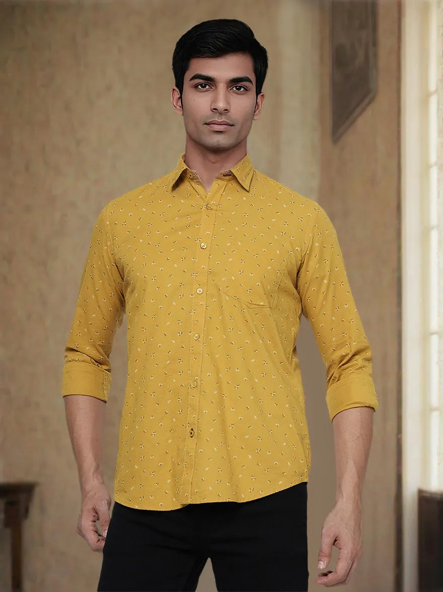 Mustard Yellow Printed Smart Fit Semi Casual Shirt | Greenfibre