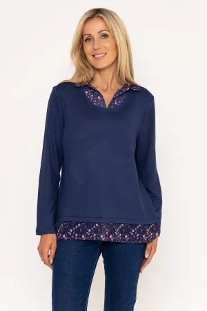 Navy Top With Print Collar & Hem