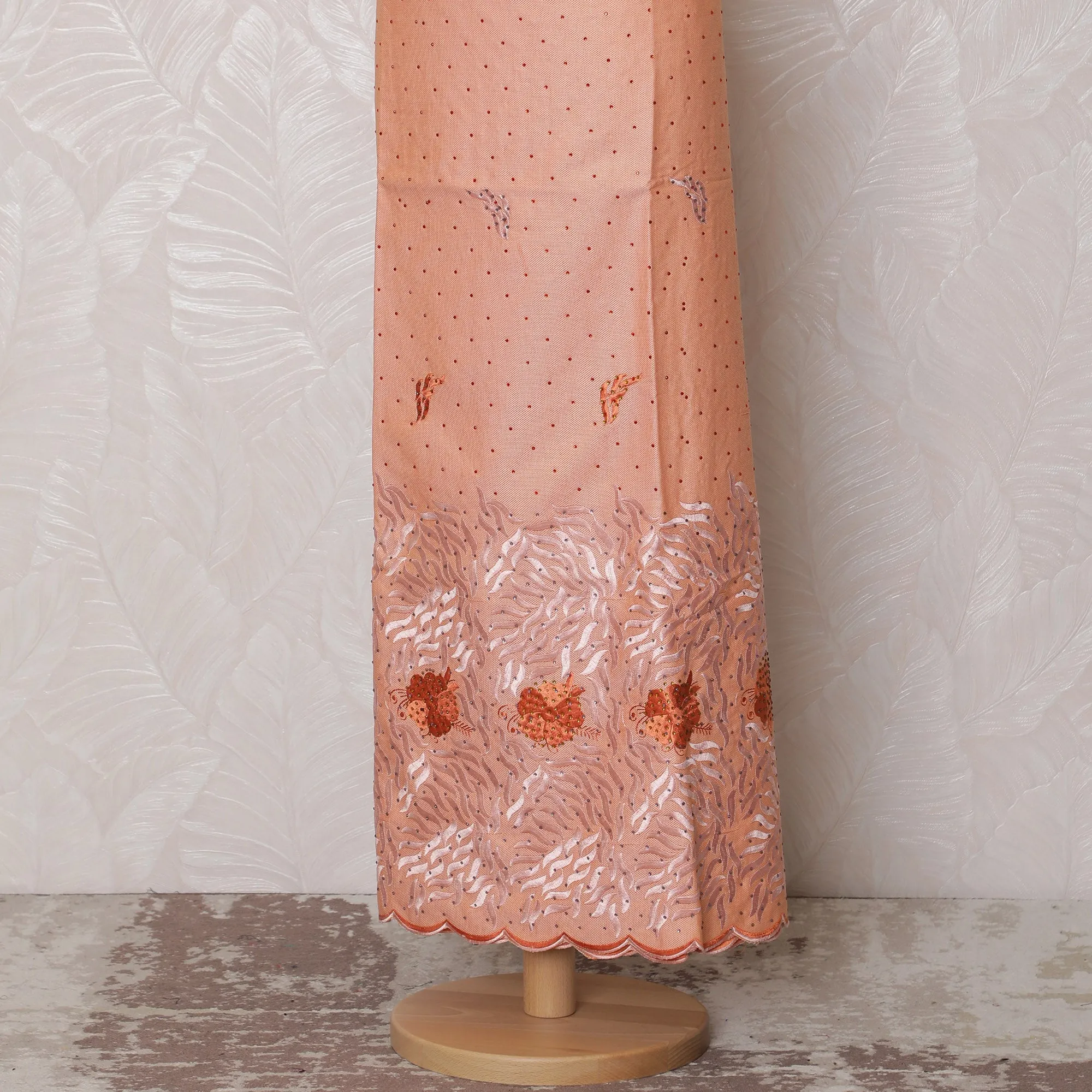 Peach Blended Cotton Fabric with Orange Floral Embroidery - Last Piece of 3.0 Meters, 110 cm Width-D19786