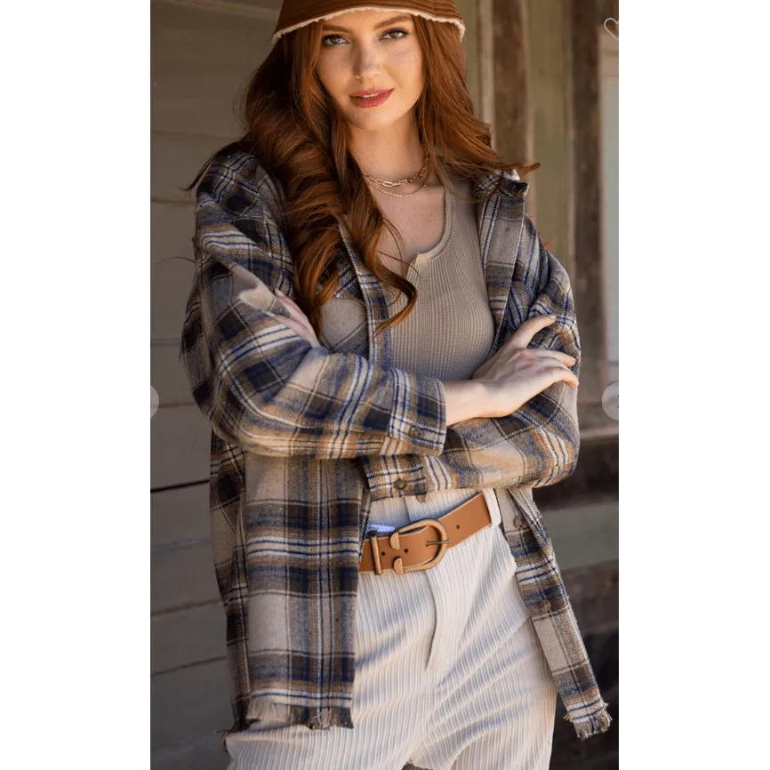 Plaid checked button down cozy hoodie jacket