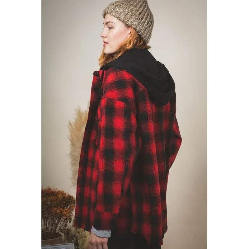 Plaid checked button down cozy hoodie jacket