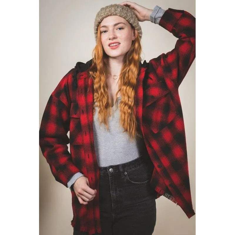 Plaid checked button down cozy hoodie jacket