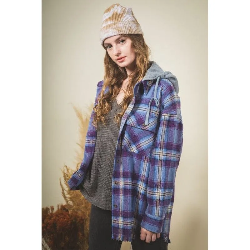 Plaid checked button down cozy hoodie jacket