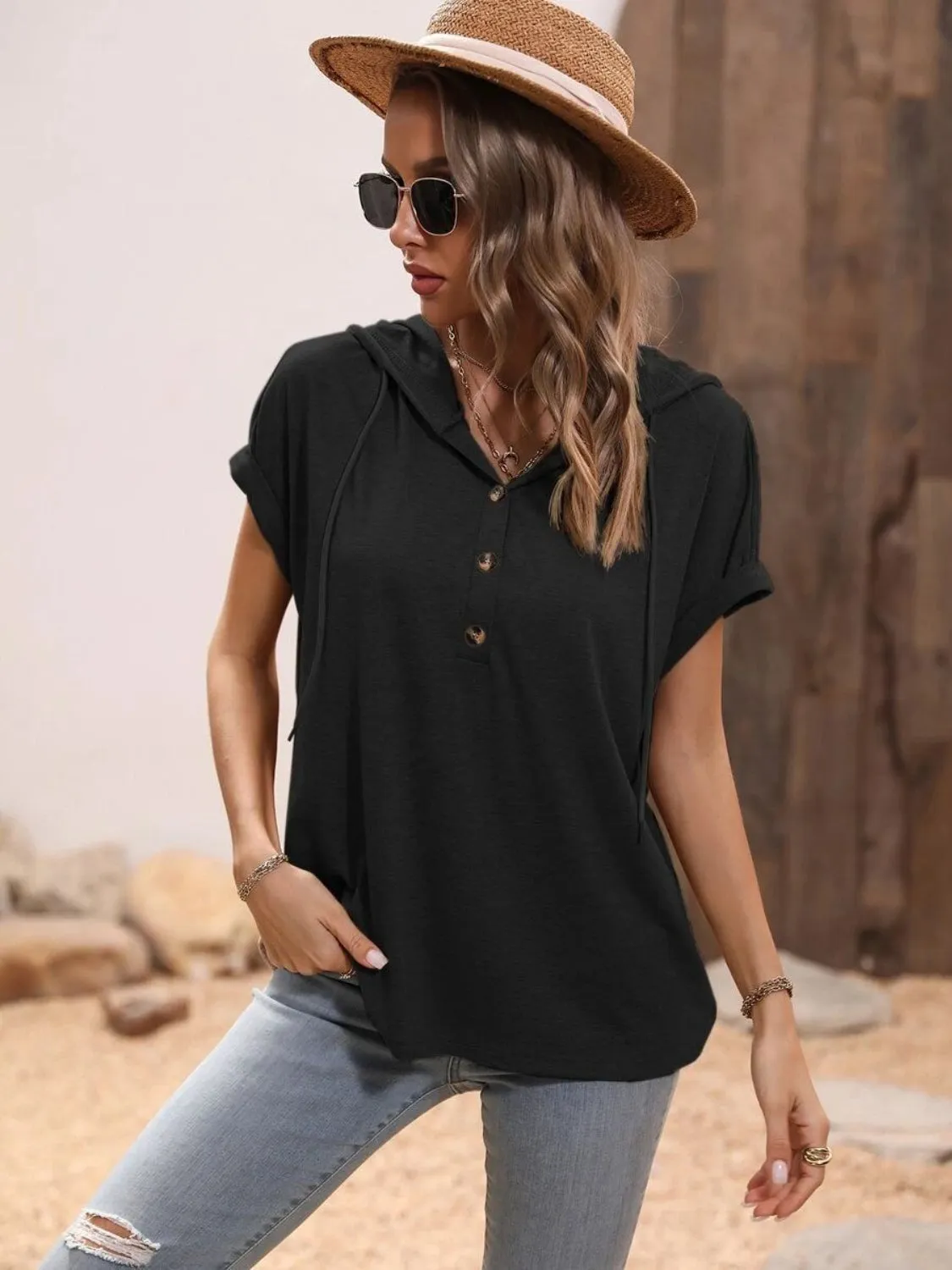 PRE-ORDER: Half Button Hooded Short Sleeve Blouse