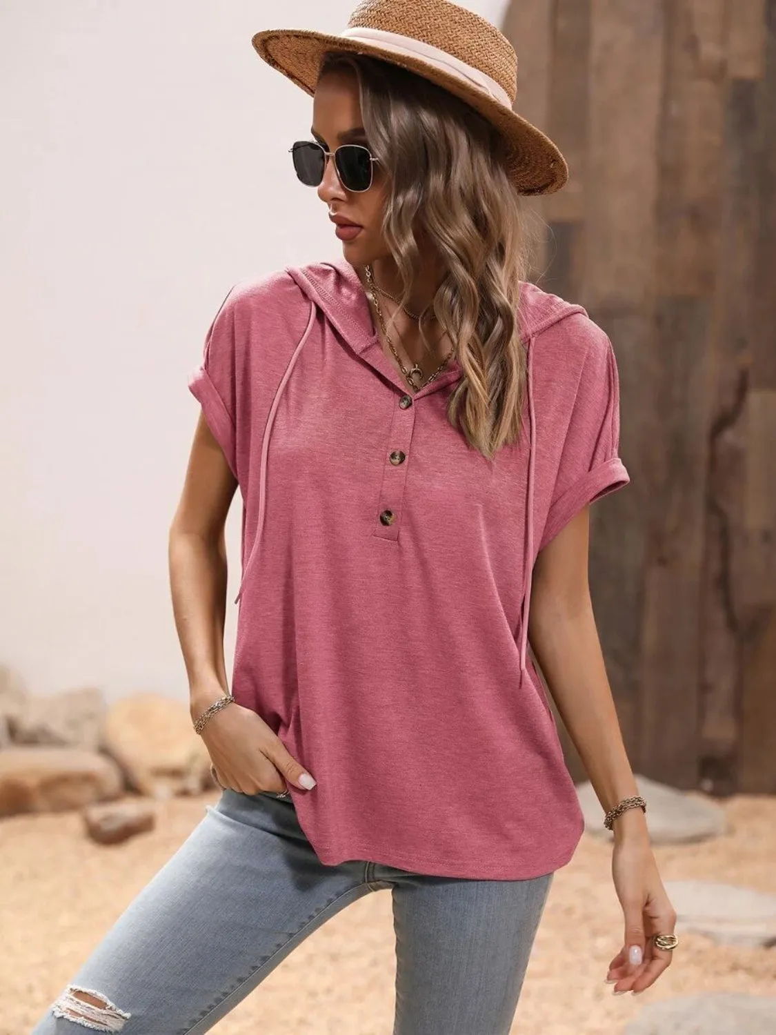 PRE-ORDER: Half Button Hooded Short Sleeve Blouse